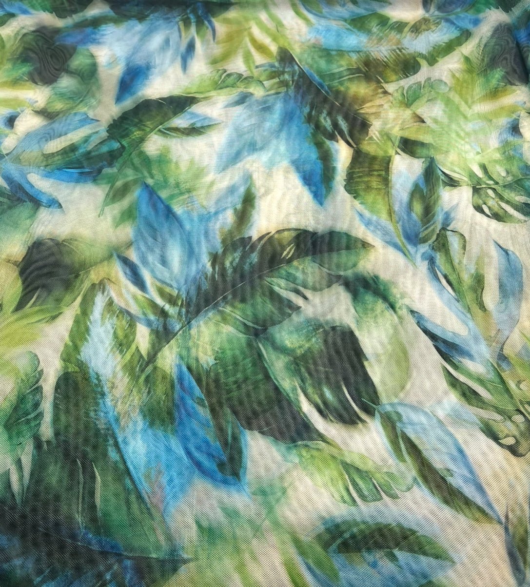 Green Jungle Leaf Print Mesh Fabric Stretch - T9 Fabrics